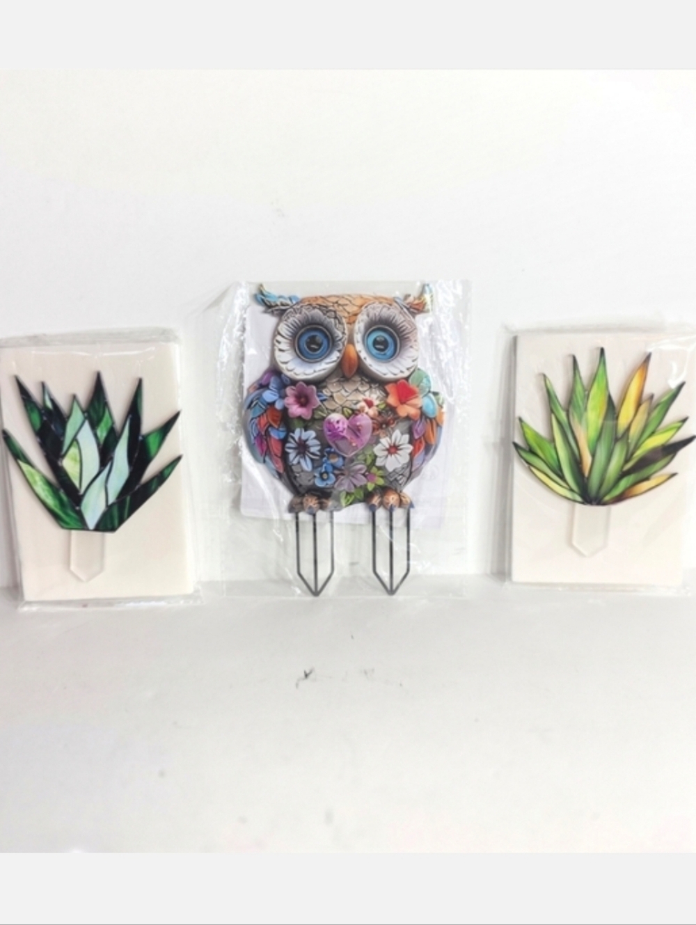 Colorful Owl and Plant 2D Acrylic Flat Garden Stakes Plant Stakes NWT